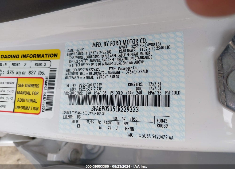 2020 FORD FUSION PLUG-IN HYBRID TITANIUM VIN: 3FA6P0SU5LR229323