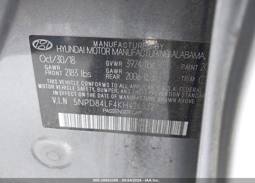 2019 HYUNDAI ELANTRA SEL VIN: 5NPD84LF4KH426832