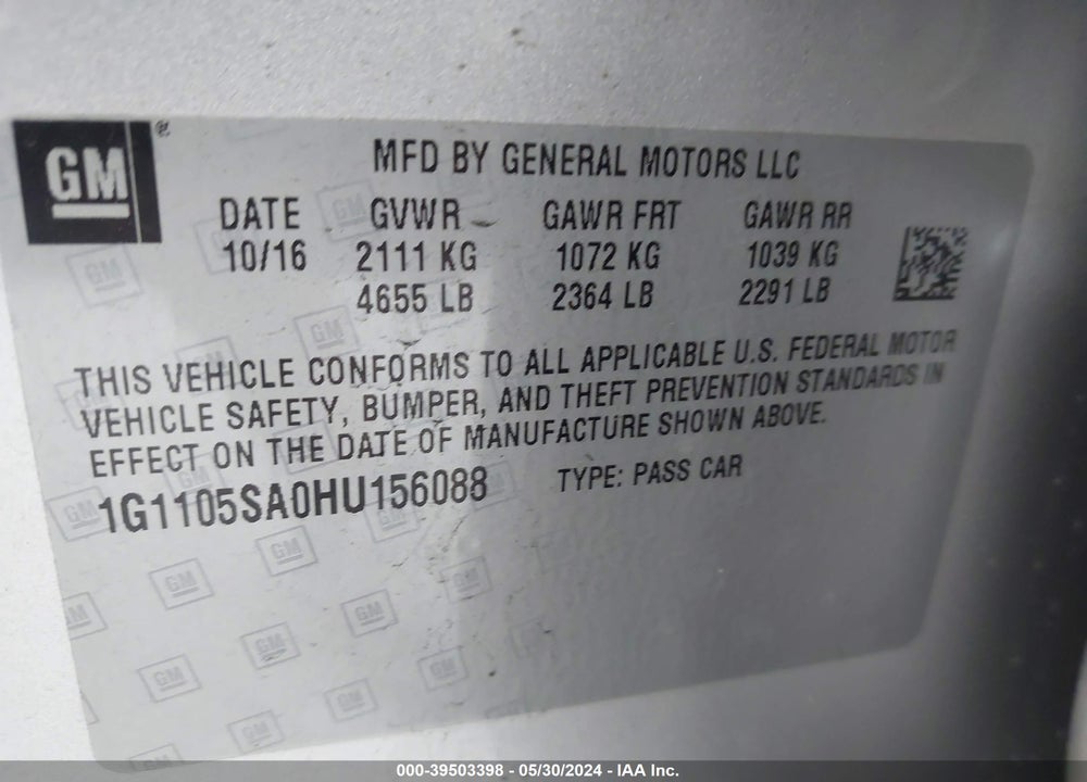 2017 CHEVROLET IMPALA 1LT VIN: 1G1105SA0HU156088