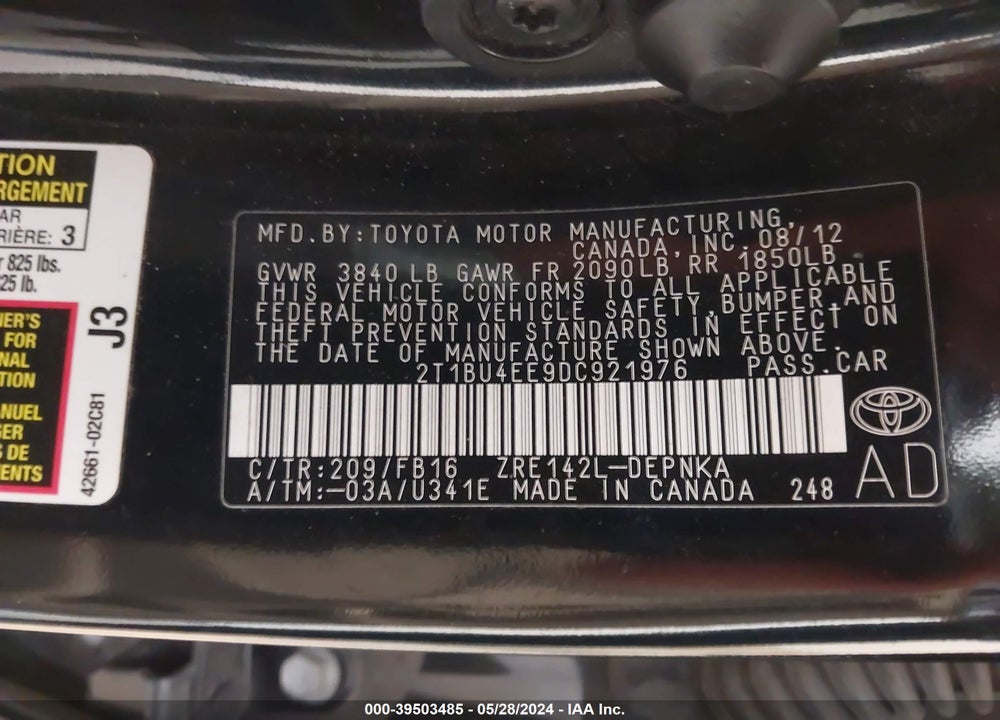 2013 TOYOTA COROLLA LE VIN: 2T1BU4EE9DC921976