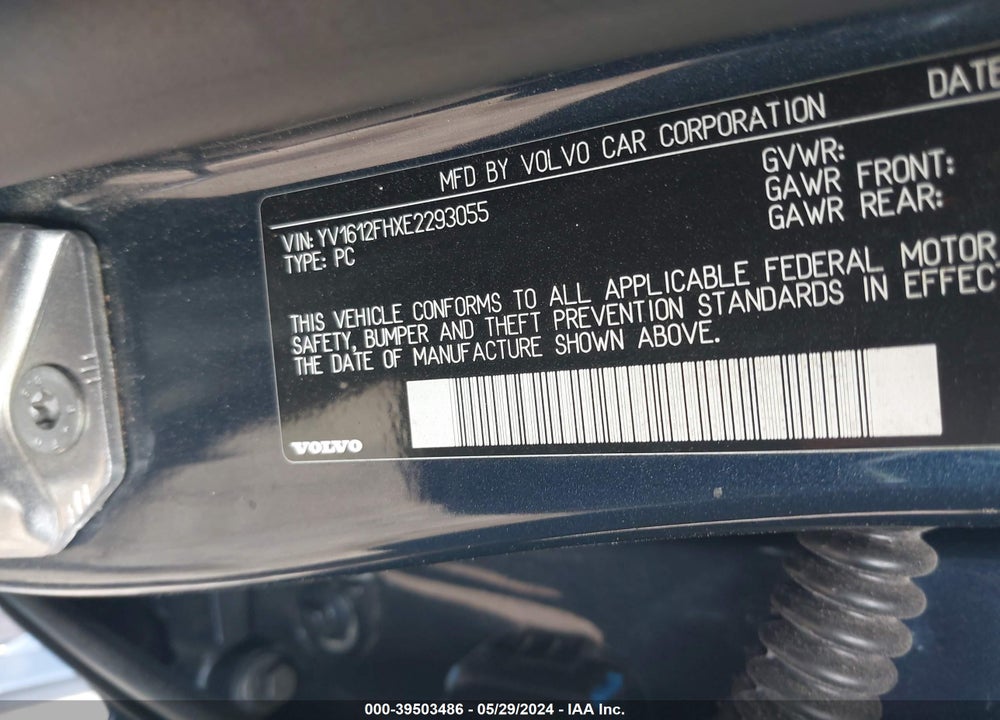 2014 VOLVO S60 T5/T5 PLATINUM/T5 PREMIER/T5 PREMIER PLUS VIN: YV1612FHXE2293055