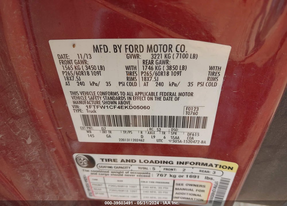 2014 FORD F-150 VIN: 1FTFW1CF4EKD05060