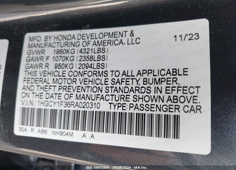 2024 HONDA ACCORD EX VIN: 1HGCY1F36RA020310