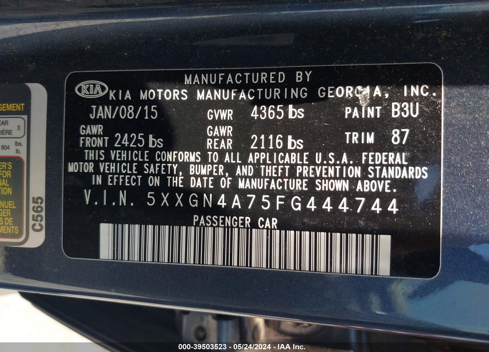 2015 KIA OPTIMA EX VIN: 5XXGN4A75FG444744