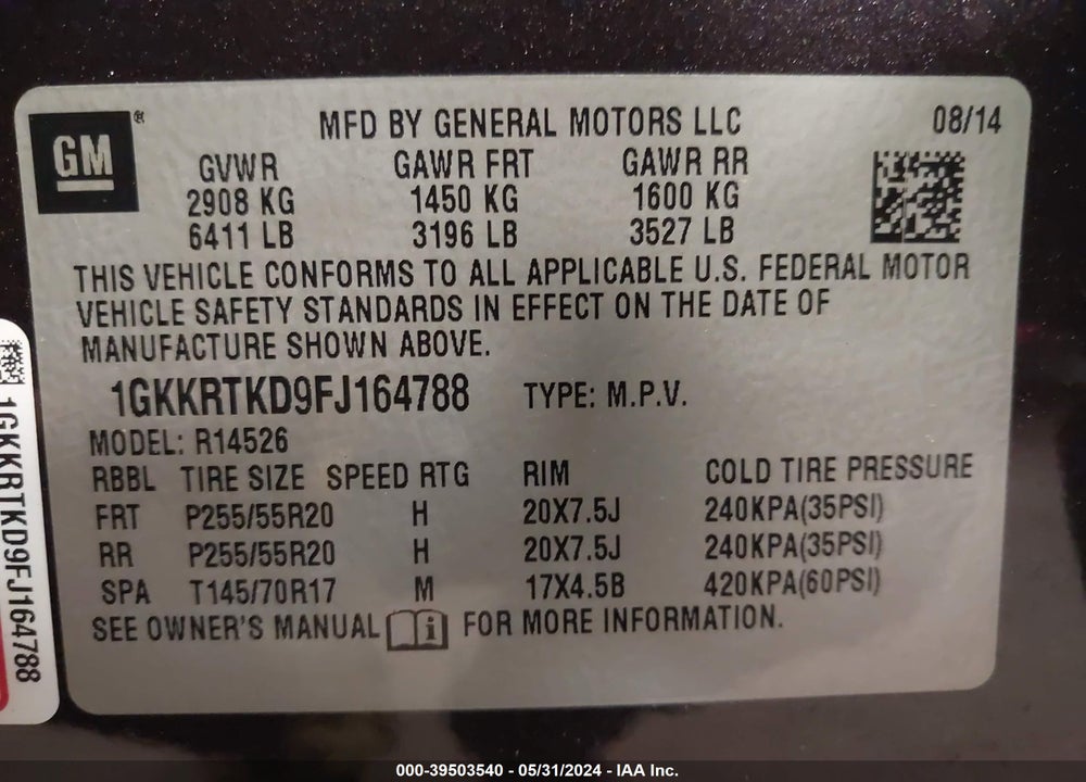 2015 GMC ACADIA DENALI VIN: 1GKKRTKD9FJ164788