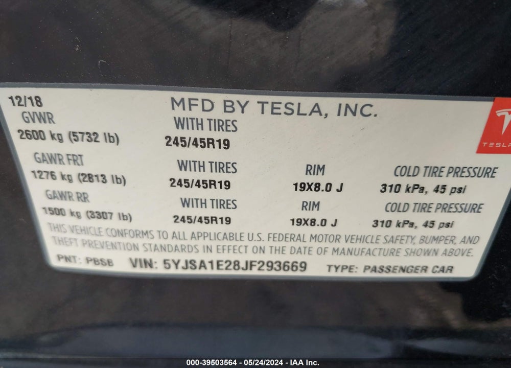 2018 TESLA MODEL S 100D/75D/P100D VIN: 5YJSA1E28JF293669
