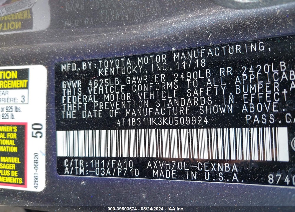 2019 TOYOTA CAMRY HYBRID LE VIN: 4T1B31HK3KU509924