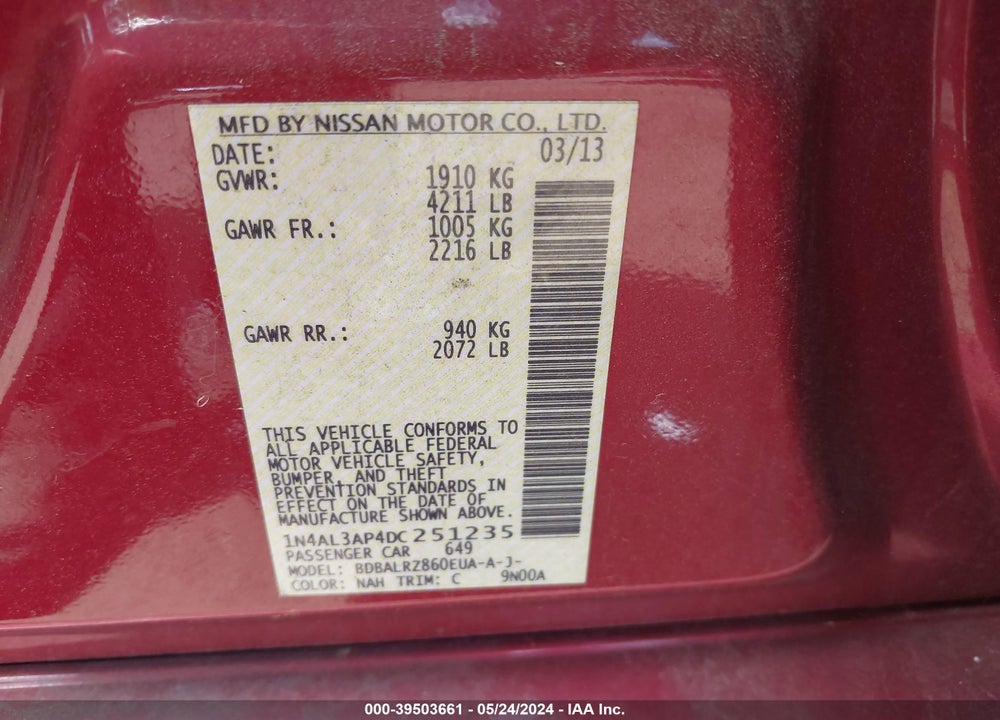 2013 NISSAN ALTIMA VIN: 1N4AL3AP4DC251235