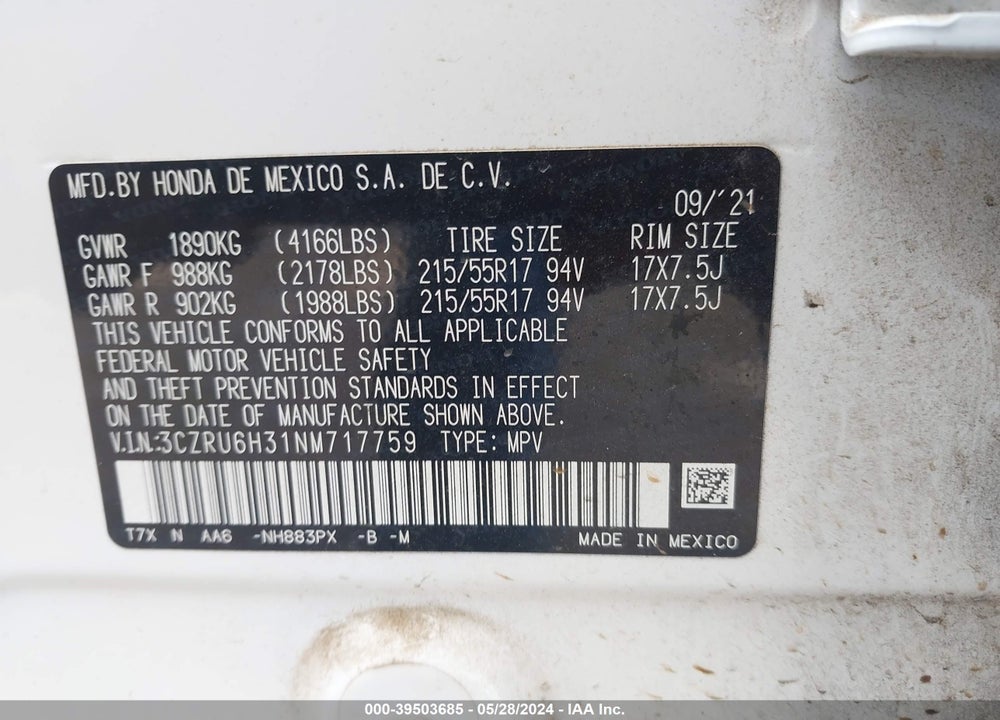 2022 HONDA HR-V AWD LX VIN: 3CZRU6H31NM717759