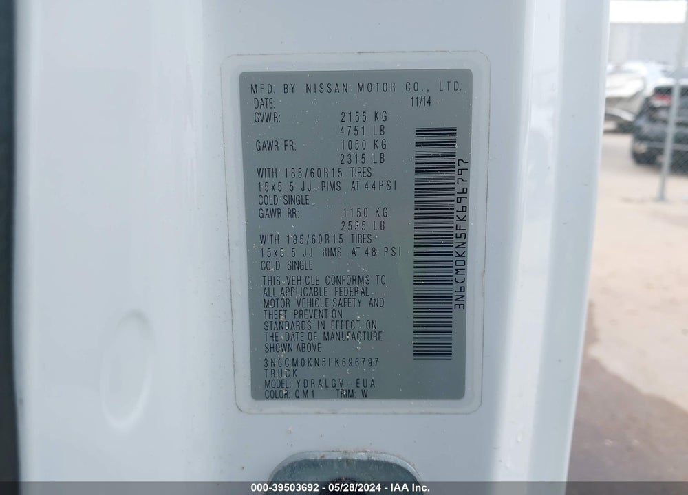 2015 NISSAN NV200 SV VIN: 3N6CM0KN5FK696797