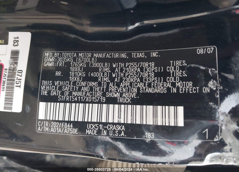 2007 TOYOTA TUNDRA SR5 4.7L V8 VIN: 5TFRT54117X015719