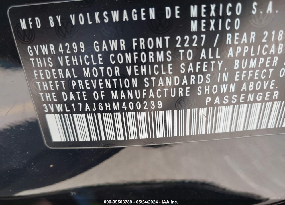 2017 VOLKSWAGEN JETTA 1.8T SEL/1.8T SEL PREMIUM VIN: 3VWL17AJ6HM400239