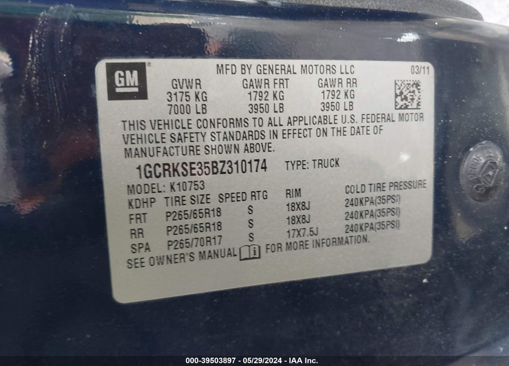 2011 CHEVROLET SILVERADO 1500 LT VIN: 1GCRKSE35BZ310174