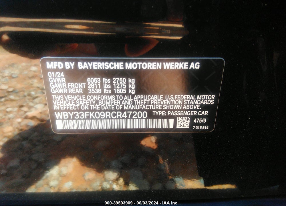 2024 BMW I5 EDRIVE40 VIN: WBY33FK09RCR47200