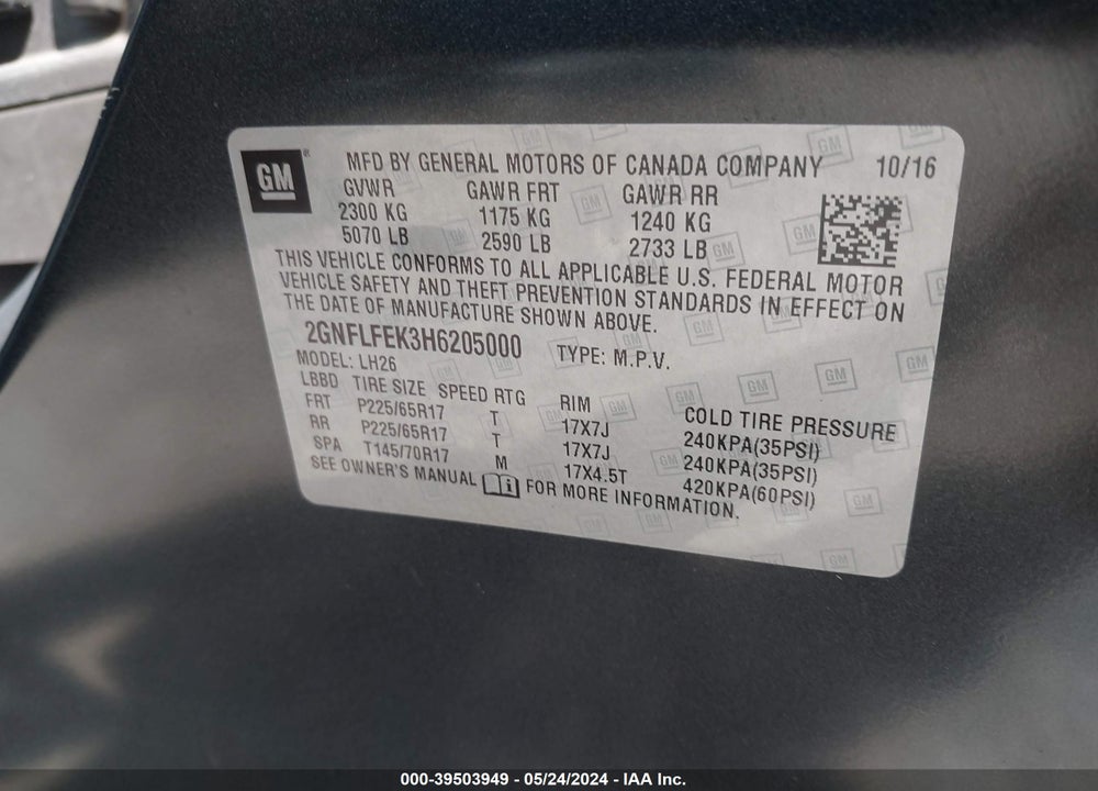 2017 CHEVROLET EQUINOX LT VIN: 2GNFLFEK3H6205000