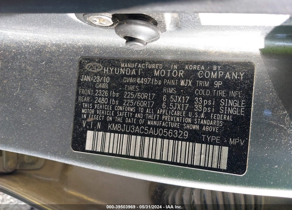 2010 HYUNDAI TUCSON GLS VIN: KM8JU3AC5AU056329
