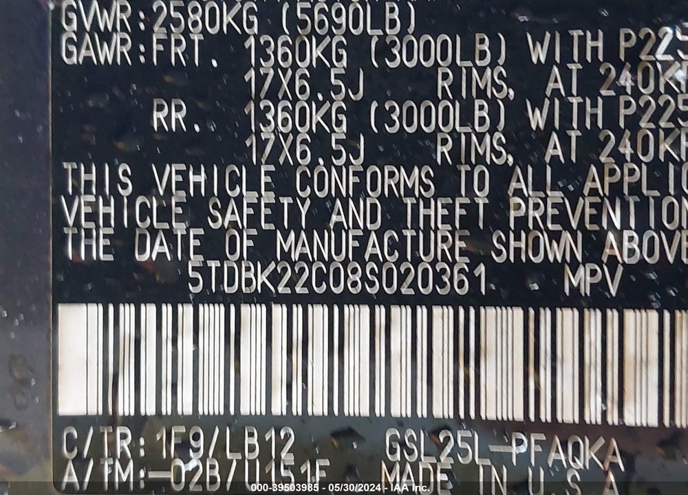 2008 TOYOTA SIENNA XLE VIN: 5TDBK22C08S020361