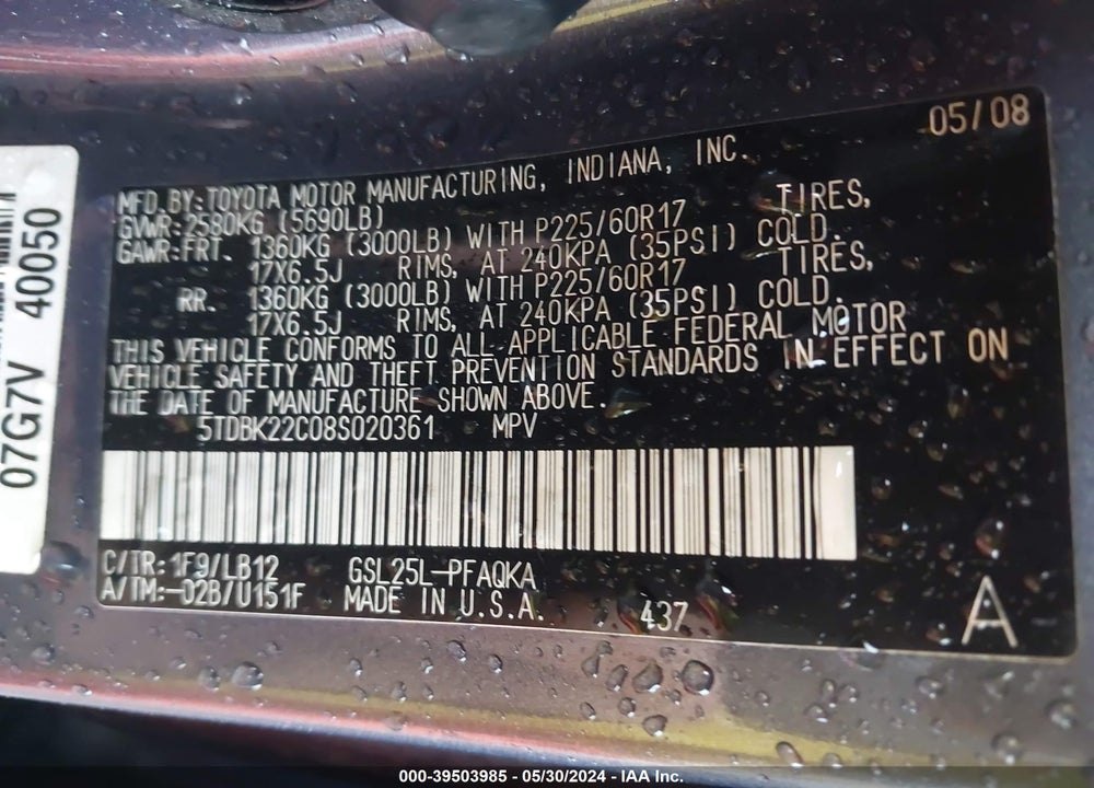 2008 TOYOTA SIENNA XLE VIN: 5TDBK22C08S020361