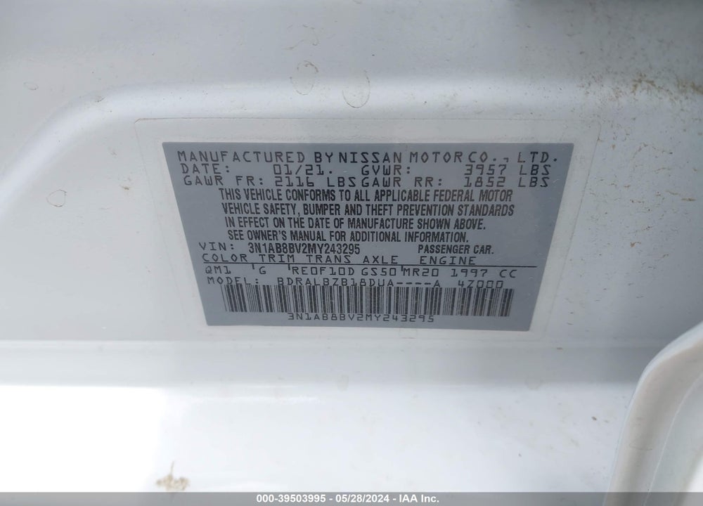 2021 NISSAN SENTRA S XTRONIC CVT VIN: 3N1AB8BV2MY243295