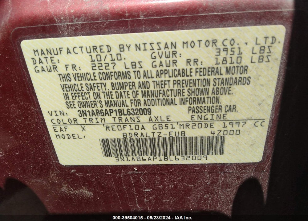 2011 NISSAN SENTRA 2.0SR VIN: 3N1AB6AP1BL632009