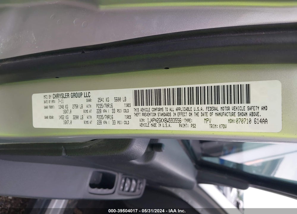 2011 JEEP LIBERTY SPORT VIN: 1J4PN2GKXBW593556