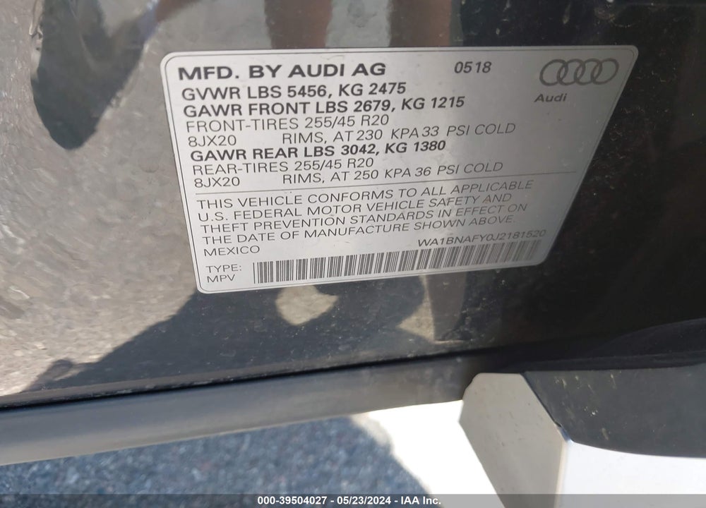 2018 AUDI Q5 2.0T PREMIUM/2.0T TECH PREMIUM VIN: WA1BNAFY0J2181520