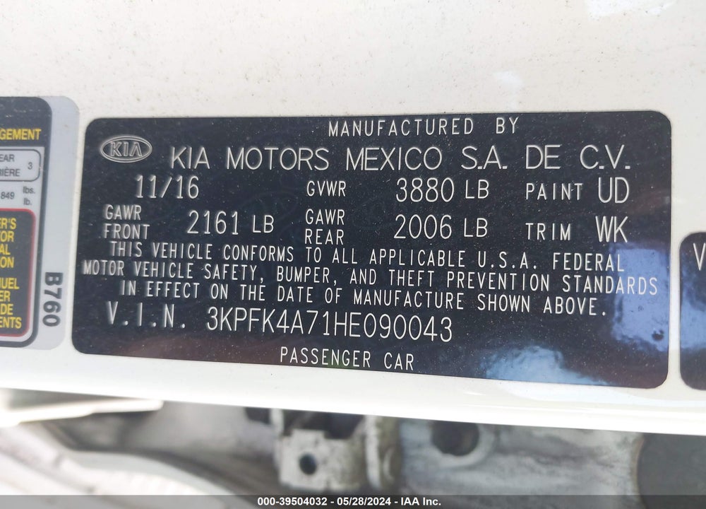 2017 KIA FORTE LX VIN: 3KPFK4A71HE090043