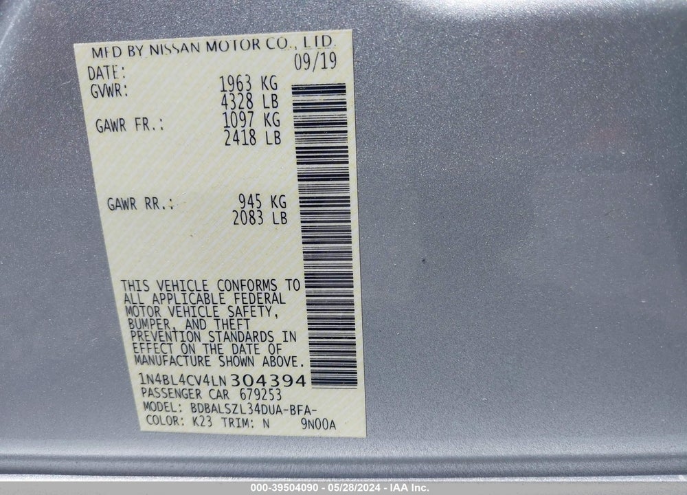 2020 NISSAN ALTIMA SR FWD VIN: 1N4BL4CV4LN304394