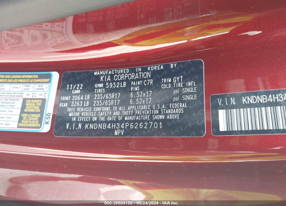 2023 KIA CARNIVAL MPV LX SEAT PACKAGE VIN: KNDNB4H34P6262701