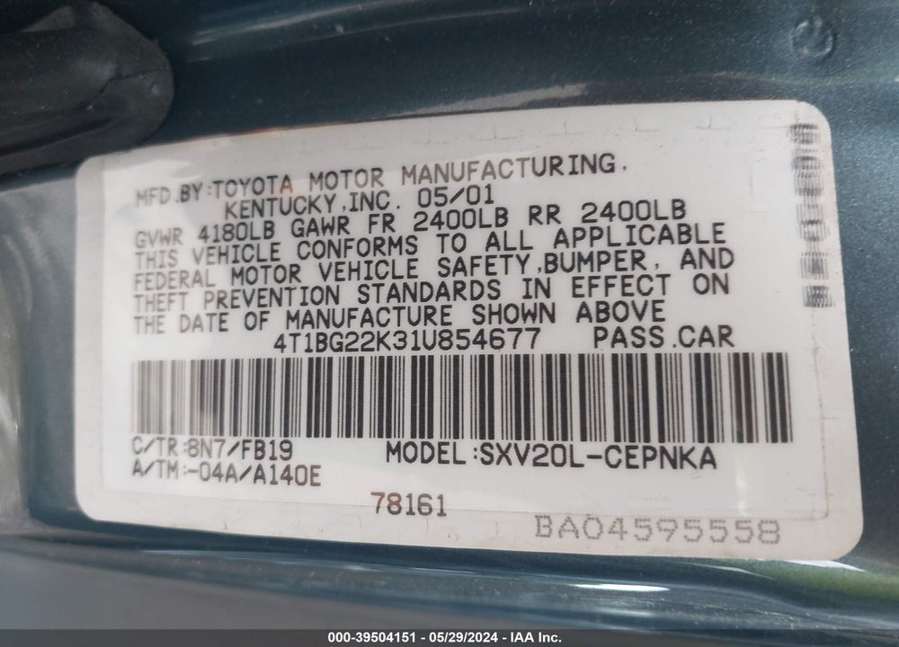 2001 TOYOTA CAMRY VIN: 4T1BG22K31U854677
