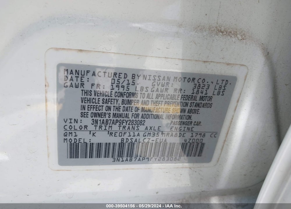 2015 NISSAN SENTRA S VIN: 3N1AB7AP9FY283082