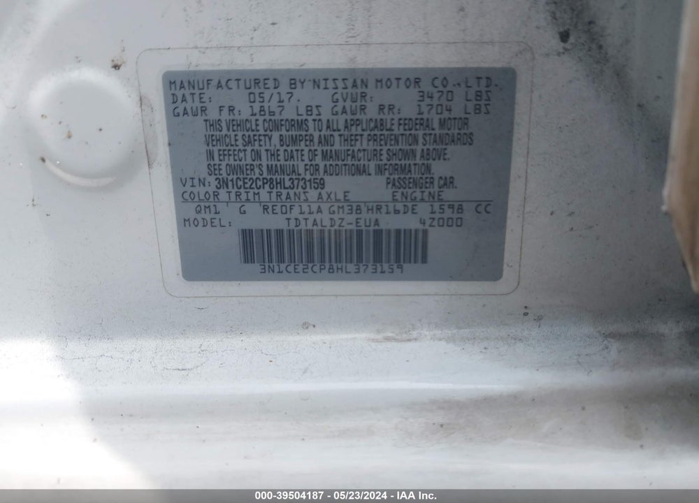 2017 NISSAN VERSA NOTE SV VIN: 3N1CE2CP8HL373159