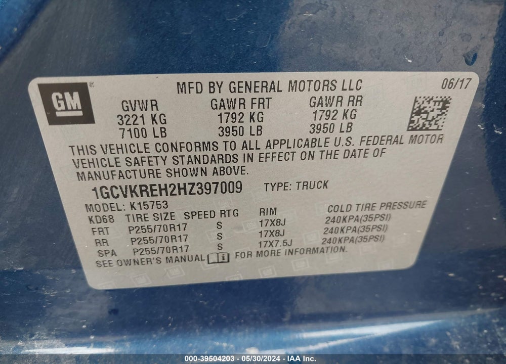 2017 CHEVROLET SILVERADO 1500 1LT VIN: 1GCVKREH2HZ397009