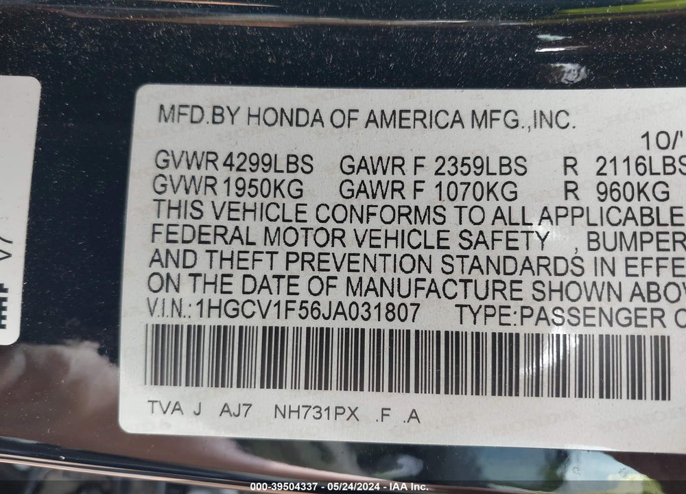 2018 HONDA ACCORD EX-L VIN: 1HGCV1F56JA031807
