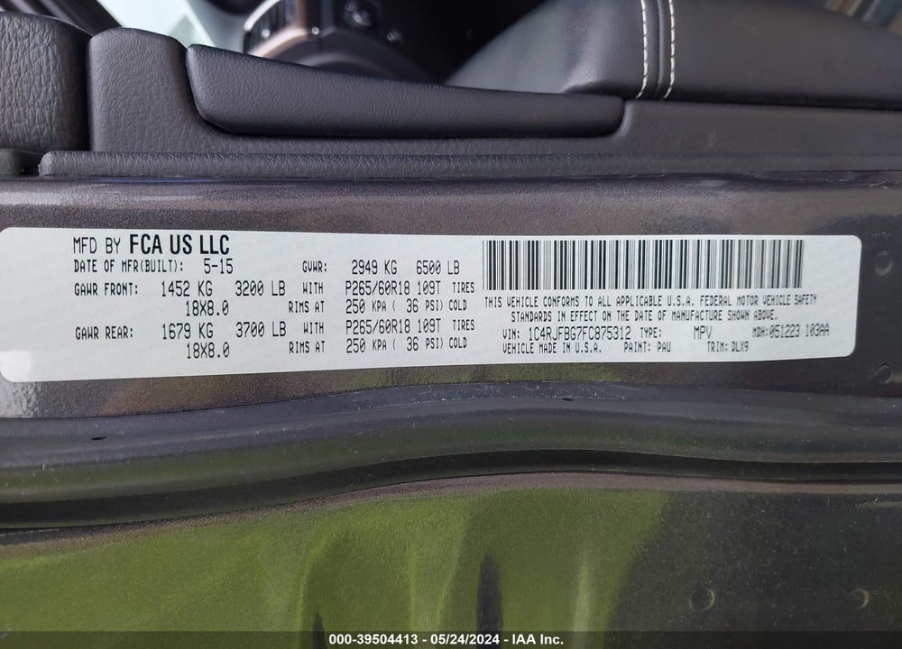 2015 JEEP GRAND CHEROKEE LIMITED VIN: 1C4RJFBG7FC875312