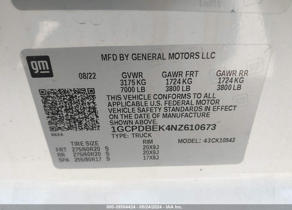 2022 CHEVROLET SILVERADO 1500 4WD SHORT BED CUSTOM VIN: 1GCPDBEK4NZ610673