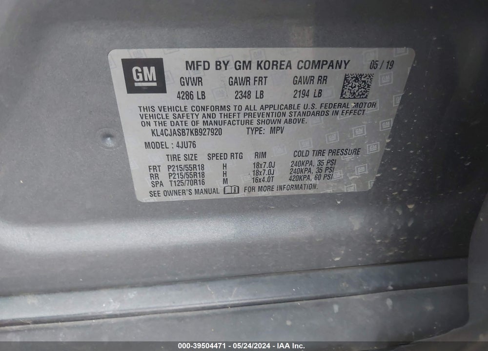 2019 BUICK ENCORE FWD PREFERRED VIN: KL4CJASB7KB927920