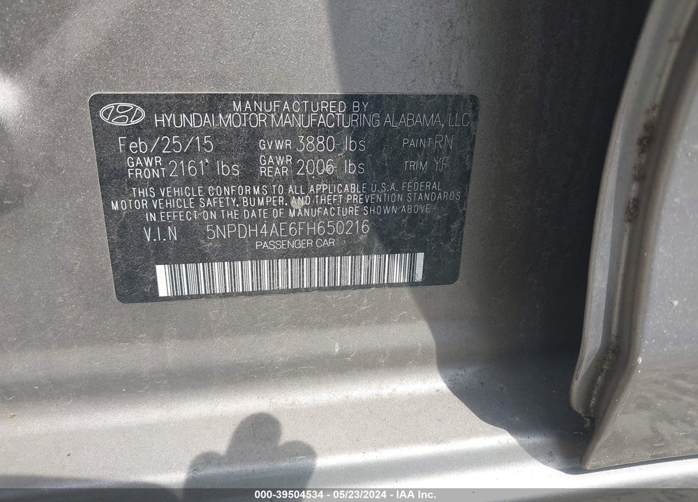 2015 HYUNDAI ELANTRA SE VIN: 5NPDH4AE6FH650216