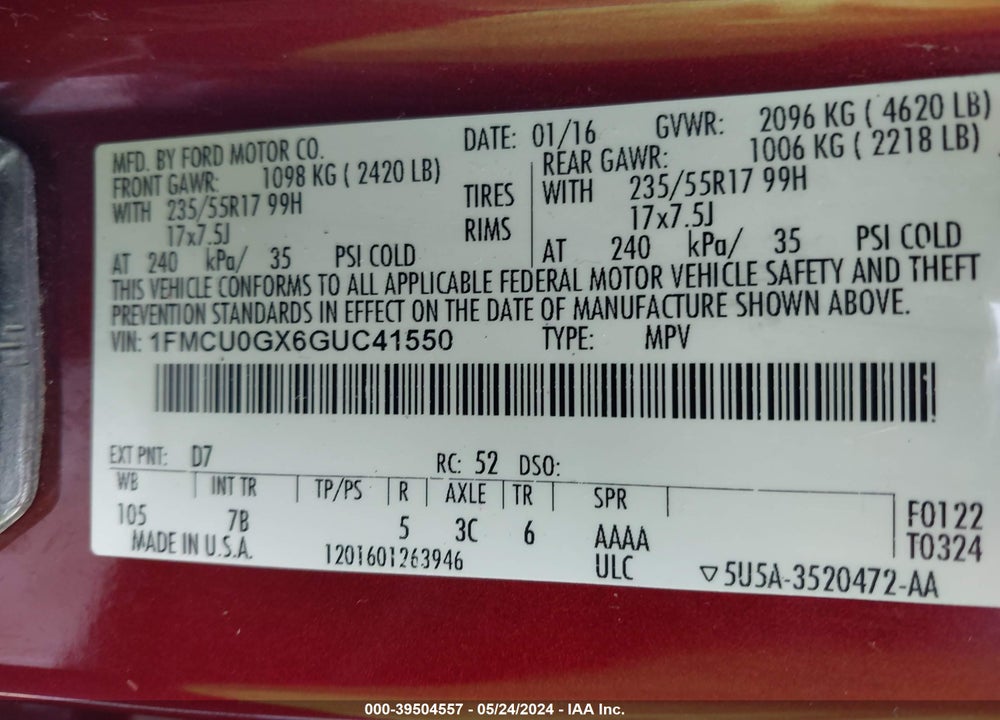 2016 FORD ESCAPE SE VIN: 1FMCU0GX6GUC41550
