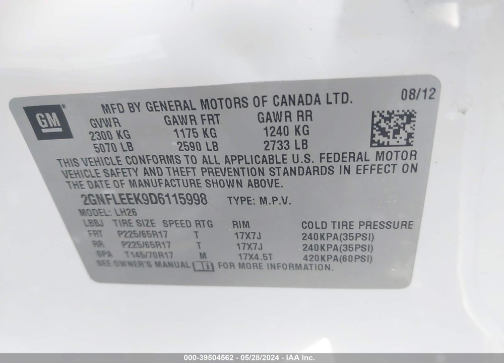 2013 CHEVROLET EQUINOX VIN: 2GNFLEEK9D6115998