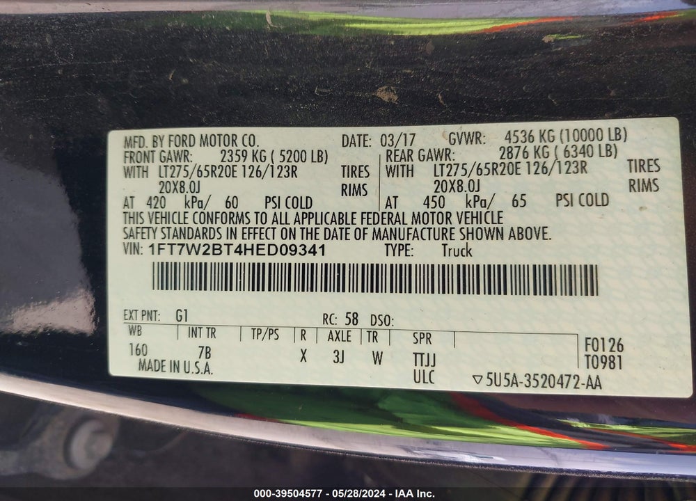 2017 FORD F-250 PLATINUM VIN: 1FT7W2BT4HED09341