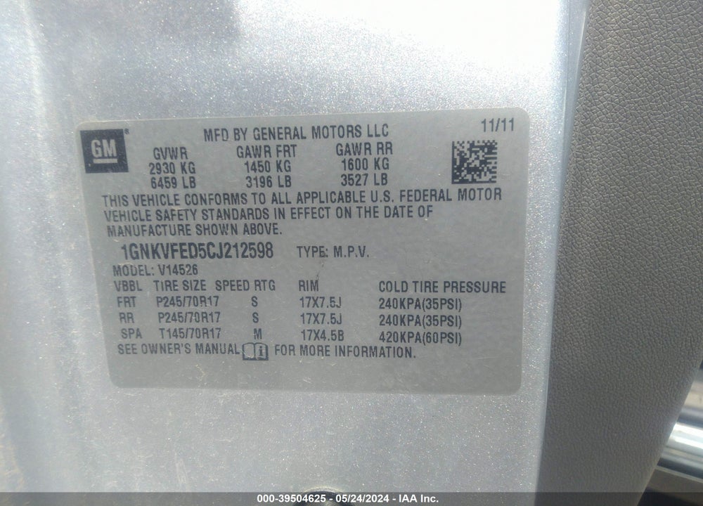 2012 CHEVROLET TRAVERSE LS VIN: 1GNKVFED5CJ212598