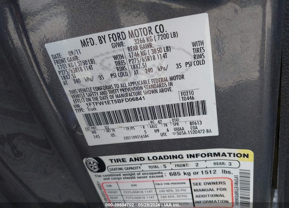 2011 FORD F-150 XLT VIN: 1FTFW1ET5BFD06841