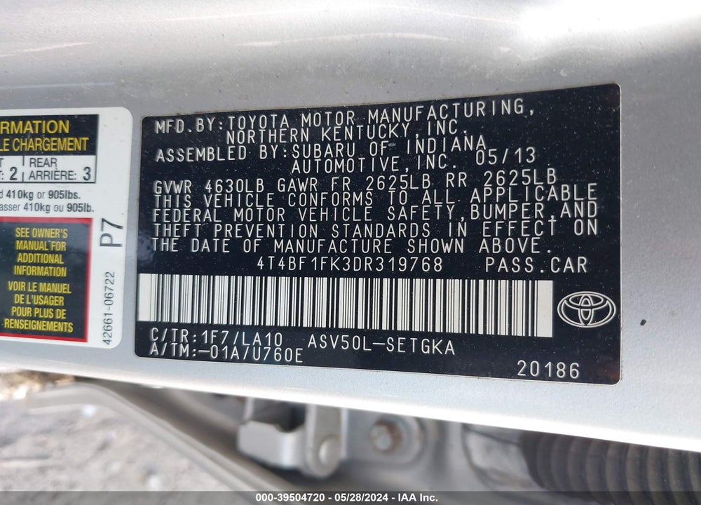 2013 TOYOTA CAMRY XLE VIN: 4T4BF1FK3DR319768