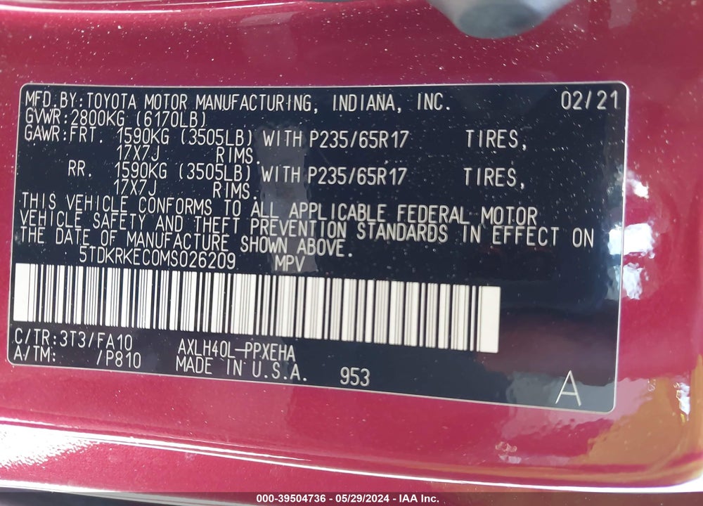 2021 TOYOTA SIENNA LE VIN: 5TDKRKEC0MS026209