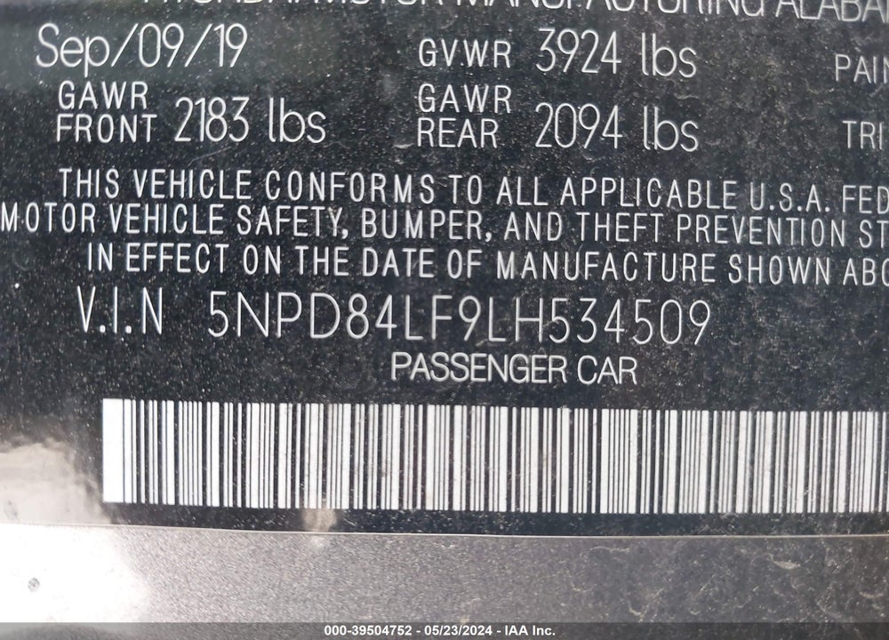 2020 HYUNDAI ELANTRA SEL VIN: 5NPD84LF9LH534509