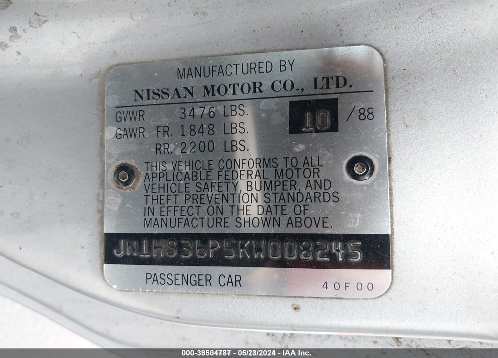 1989 NISSAN 240SX SE VIN: JN1HS36P5KW008245