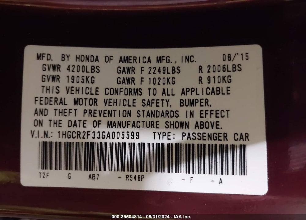 2016 HONDA ACCORD LX VIN: 1HGCR2F33GA005599