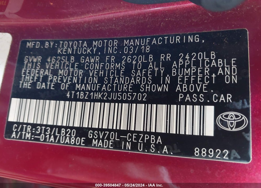 2018 TOYOTA CAMRY XSE V6 VIN: 4T1BZ1HK2JU505702