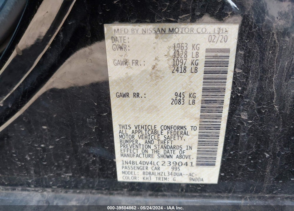 2020 NISSAN ALTIMA SV FWD VIN: 1N4BL4DV4LC239041